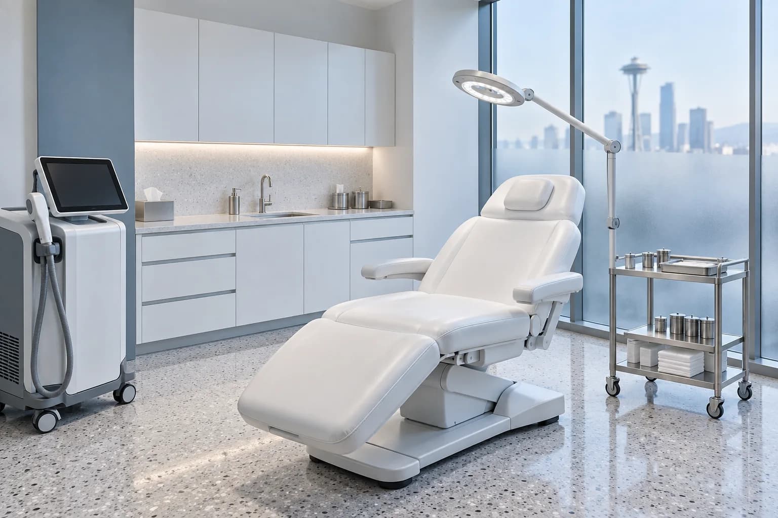 Illustrative bright aesthetic treatment room with examination chair and equipment
