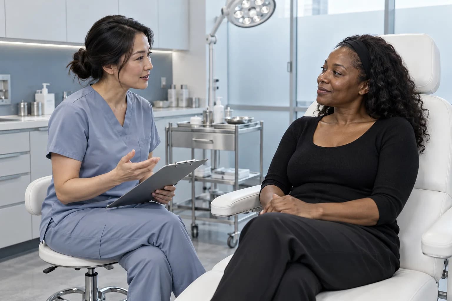 Illustrative practitioner and visitor reviewing a plan in a clinical treatment room