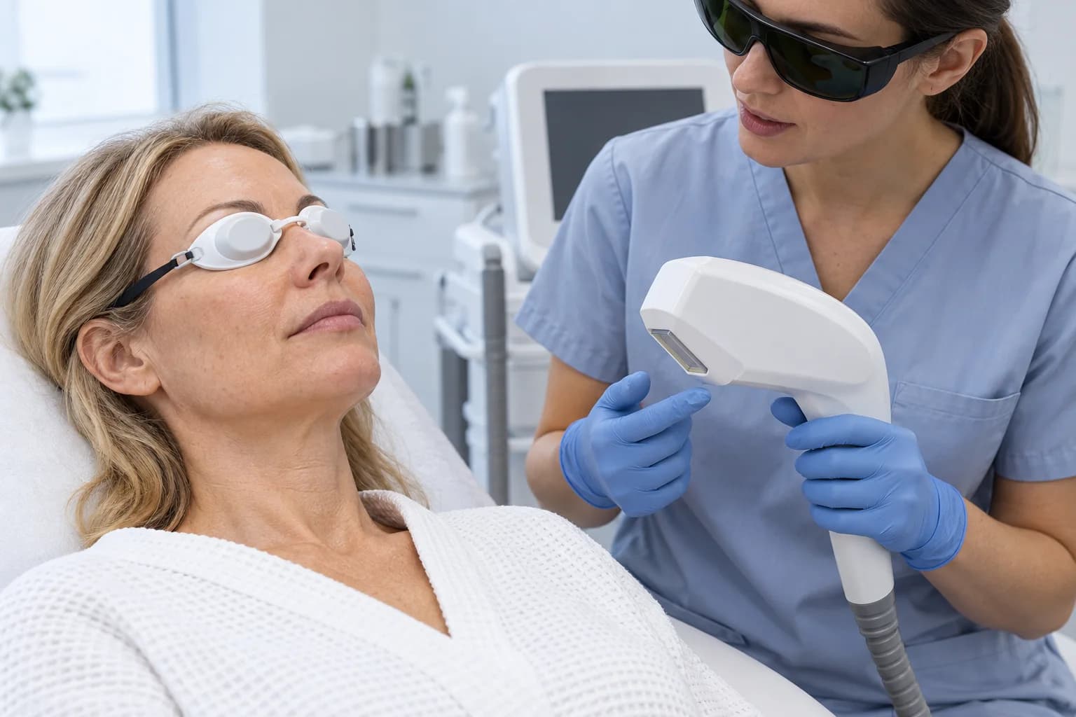 Illustrative preparation for a light-based skin treatment, with eye protection