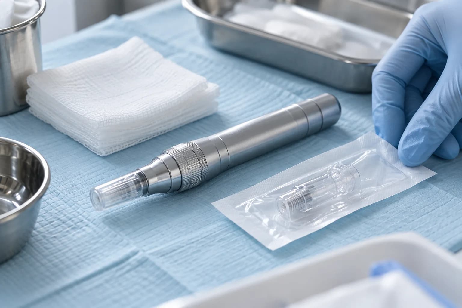 Illustrative microneedling pen and packaged cartridge on a clean preparation surface
