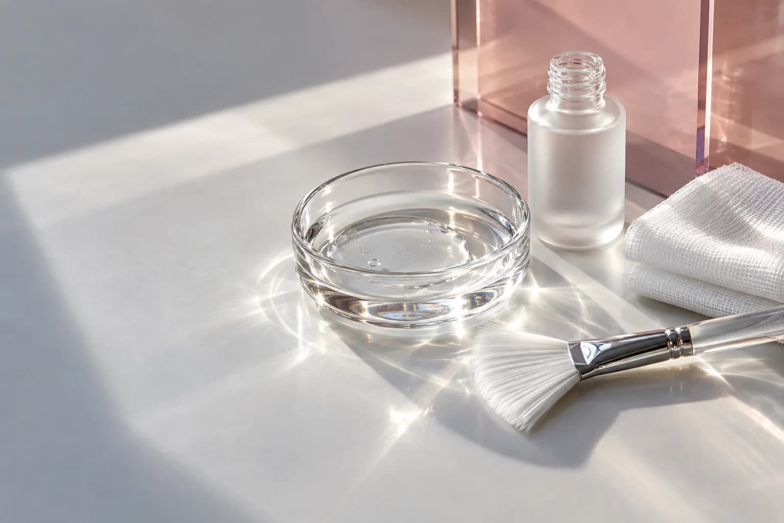Illustrative glass dish, treatment brush and unbranded skincare materials